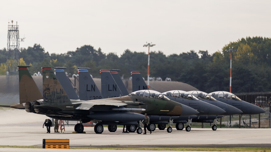 F15's maneuver at RAF Lakenheath on Sept. 28, 2026, in Lakenheath, England.
