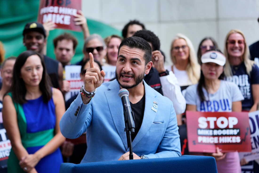 Democratic nominee for U.S. Senate Abdul El-Sayed speaks at a news conference at the base of the Spirit of Detroit monument in Detroit, Wednesday, Aug. 19, 2026. (AP Photo/Paul Sancya)