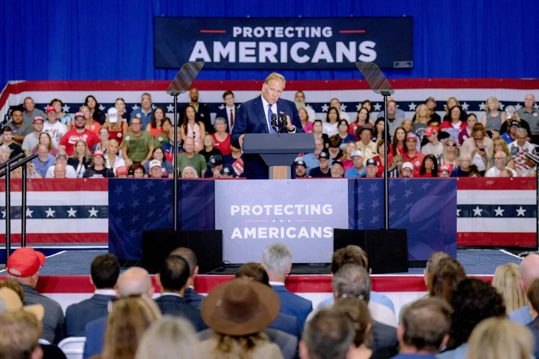 Republican U.S. Senate candidate Mike Rogers speaks during a Aug. 31 rally in Sterling Heights, Michigan. He has focused on the the trillions of dollars it would cost to put a Medicare for All healthcare system in place.