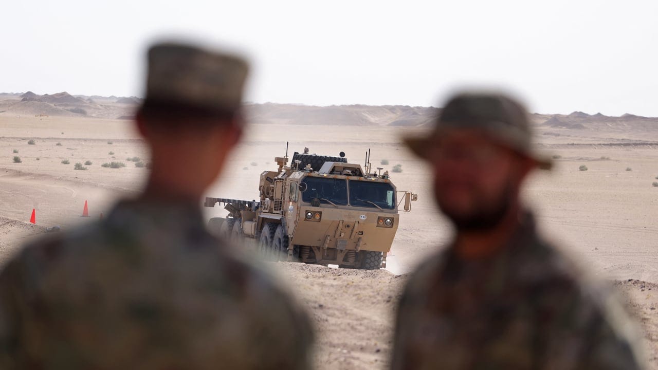 A US army autonomous vehicle is currently being tested at Camp Buehring, also known as Udairi, in Kuwait's desert on July 25, 2023; illustrative
