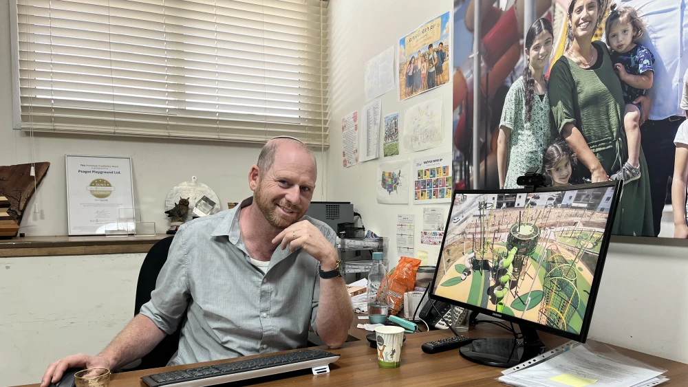 Psagot Playgrounds CEO Elyassaf Peles in his office at the company’s factory in Psagot, in the Binyamin region of Samaria, Oct. 5, 2026. Photo by Josh Hasten.