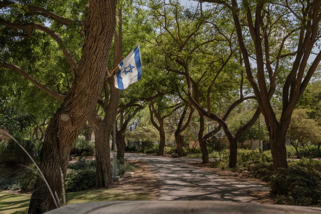 Trees line a road inside Kibbutz Nir Oz, southern Israel, Aug. 31, 2026, amid efforts to rebuild communities near the Gaza border after the Hamas-led attacks of Oct. 7.