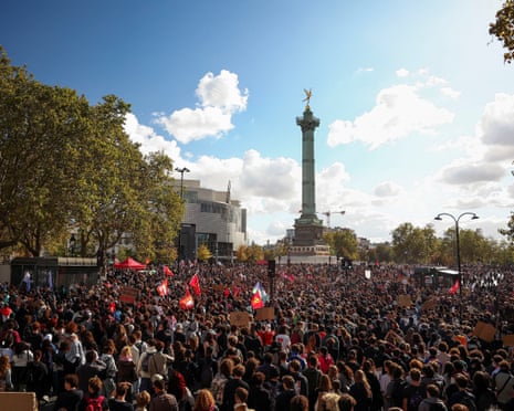 Protesters gather at Place de la Bastille during a demonstration by French high school and university students in Paris.