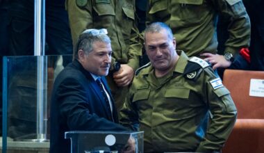 Shin Bet Director David Zini seen with IDF chief Eyal Zamir during a special plenum session in honor of US President Donald Trump at the Knesset, in Jerusalem, October 13, 2025