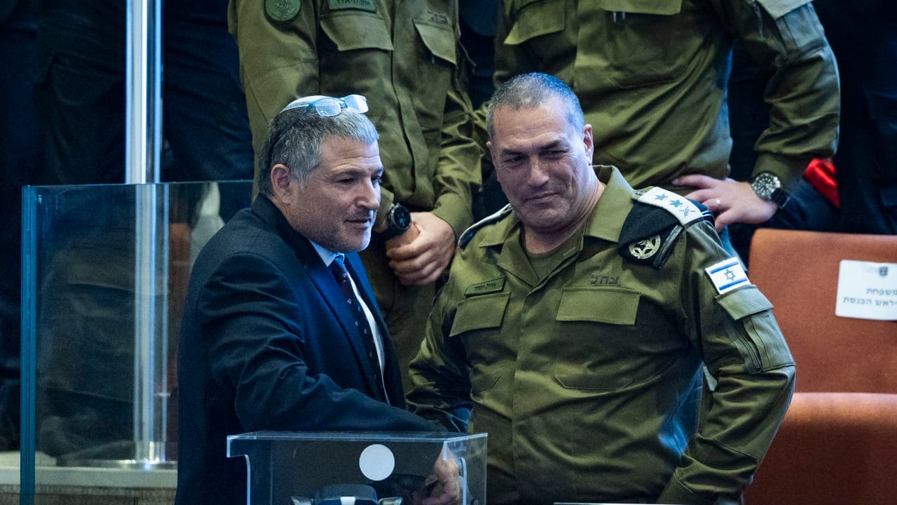 Shin Bet Director David Zini seen with IDF chief Eyal Zamir during a special plenum session in honor of US President Donald Trump at the Knesset, in Jerusalem, October 13, 2025