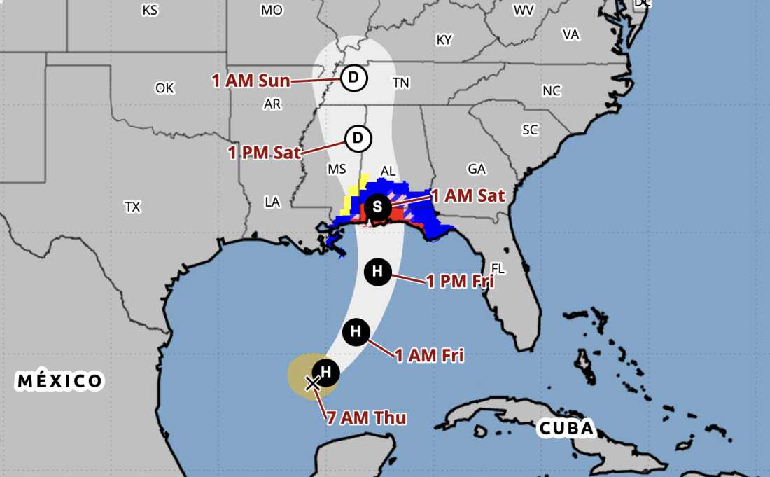 A prediction cone shows the likely path of Hurricane Isaias as it barrels into the northern Gulf Coast. Forecasters say the storm will bring dangerous winds and storm surge when it makes landfall.