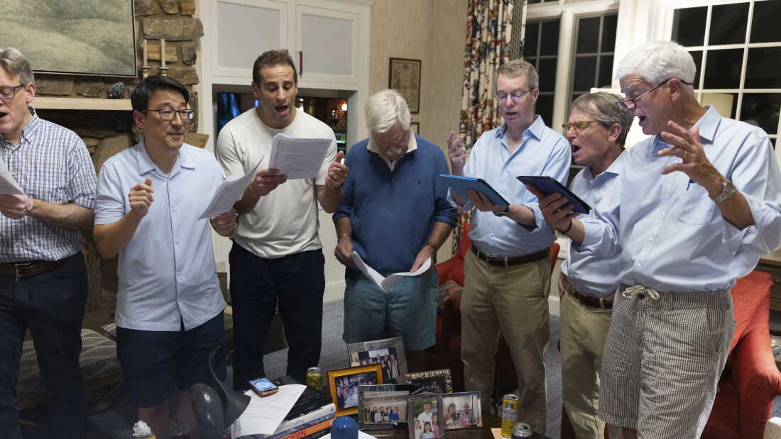 Youngmoo Kim (left) leads members of The Tonics a cappella group in singing an arrangement of the song "Everything" by Michael Bublé at their weekly rehearsal in Bryn Mawr, Pa. on September 17, 2026.