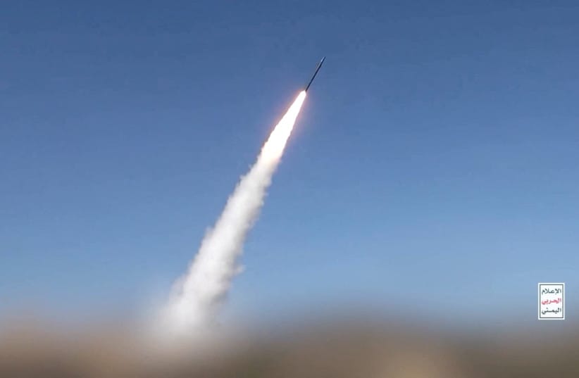 What is said to be a missile is launched in what Yemen's Iran-aligned Houthis say is an attack on the Red Sea port city of Mocha, Yemen.