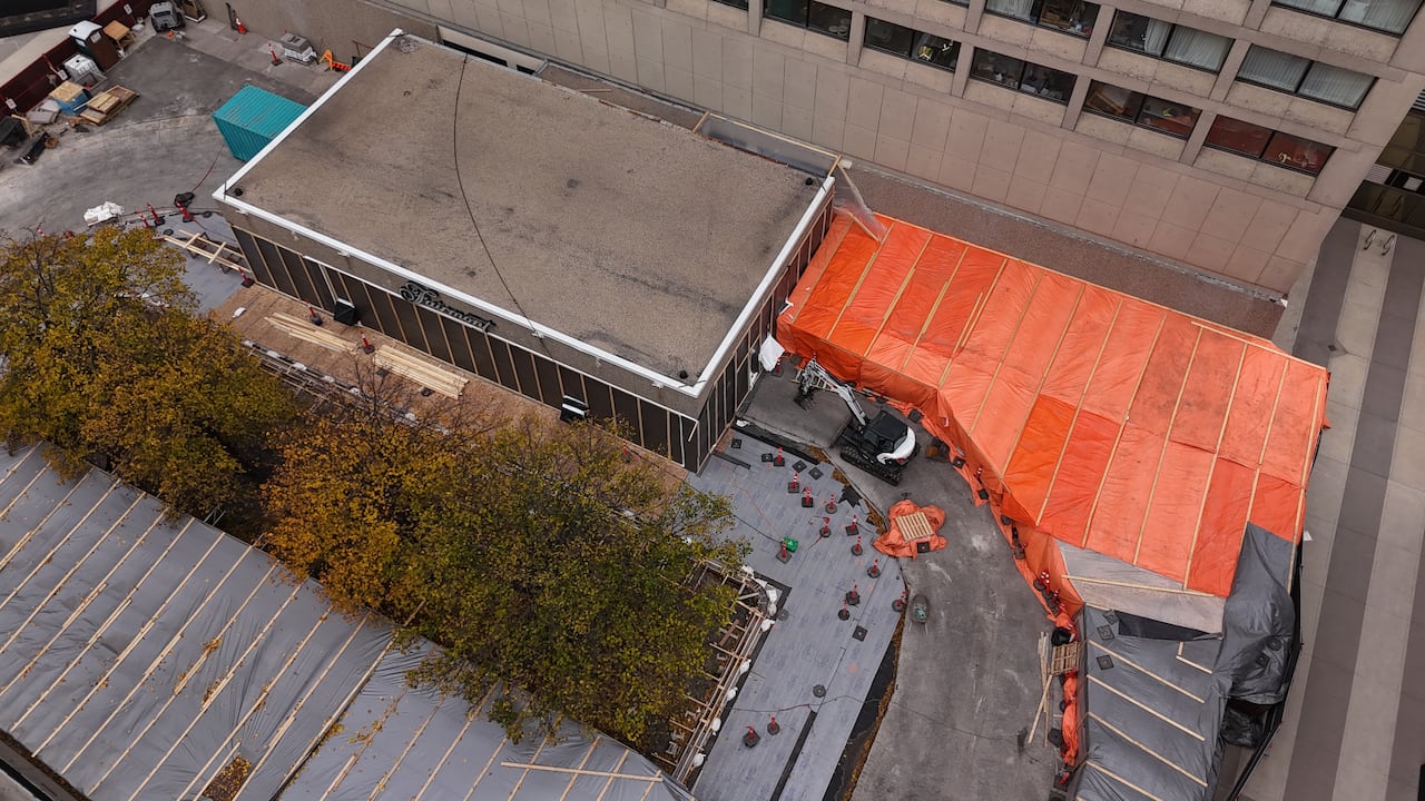 An overhead view of a construction site.