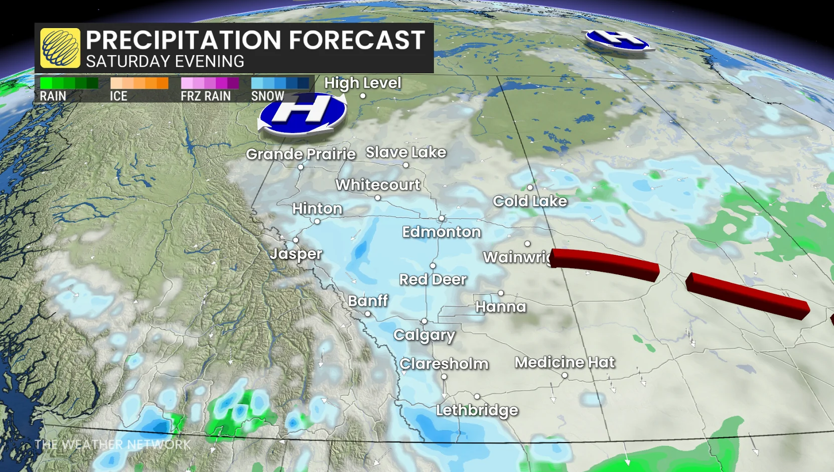 Alberta precipitation timing Saturday evening