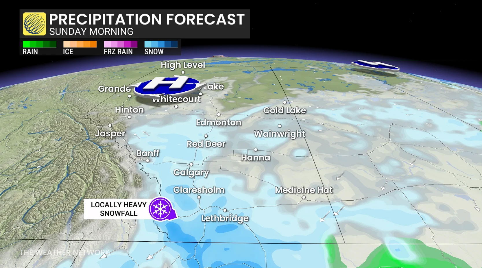 Alberta precipitation timing Sunday morning