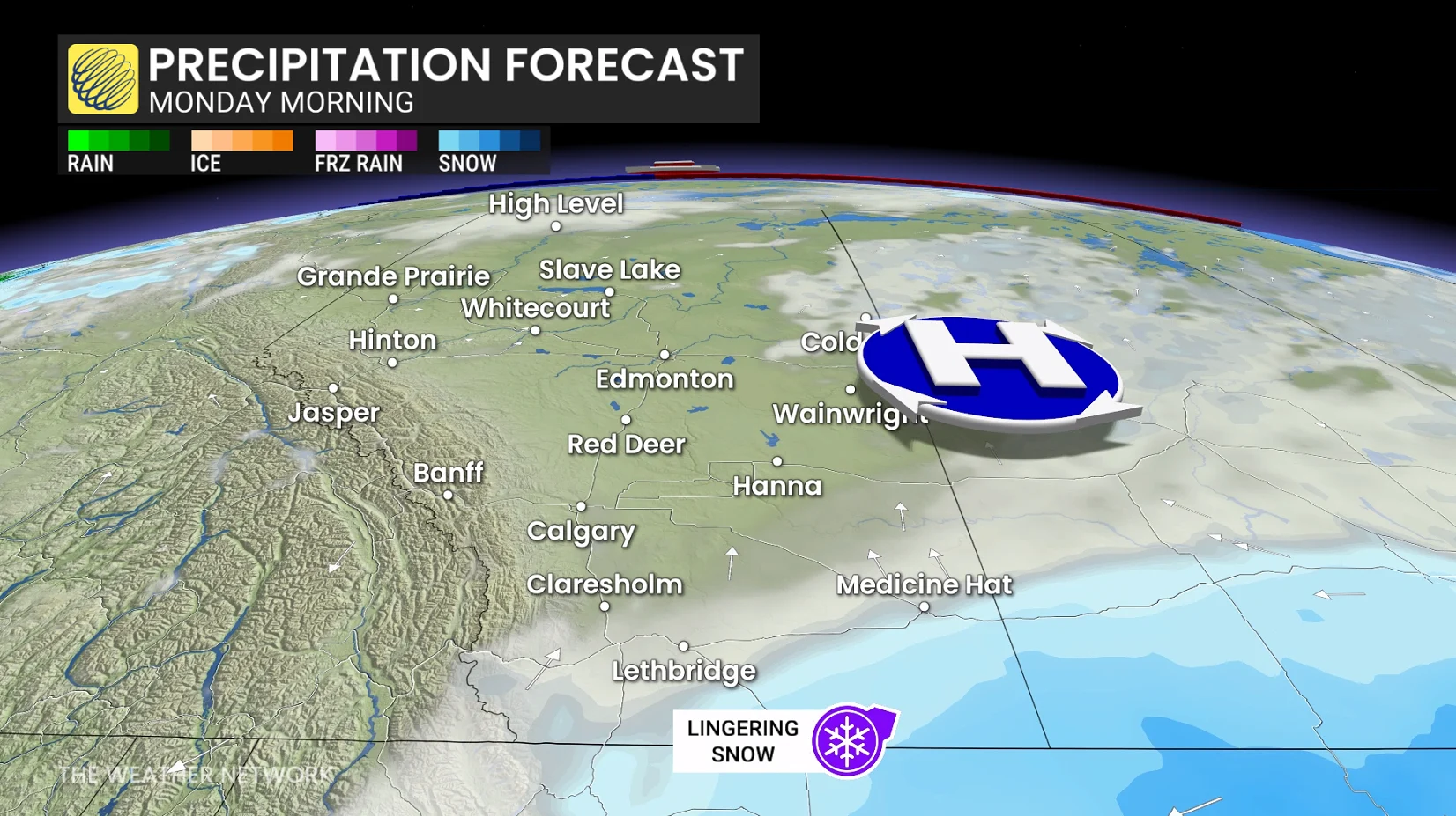 Alberta precipitation timing Monday morning
