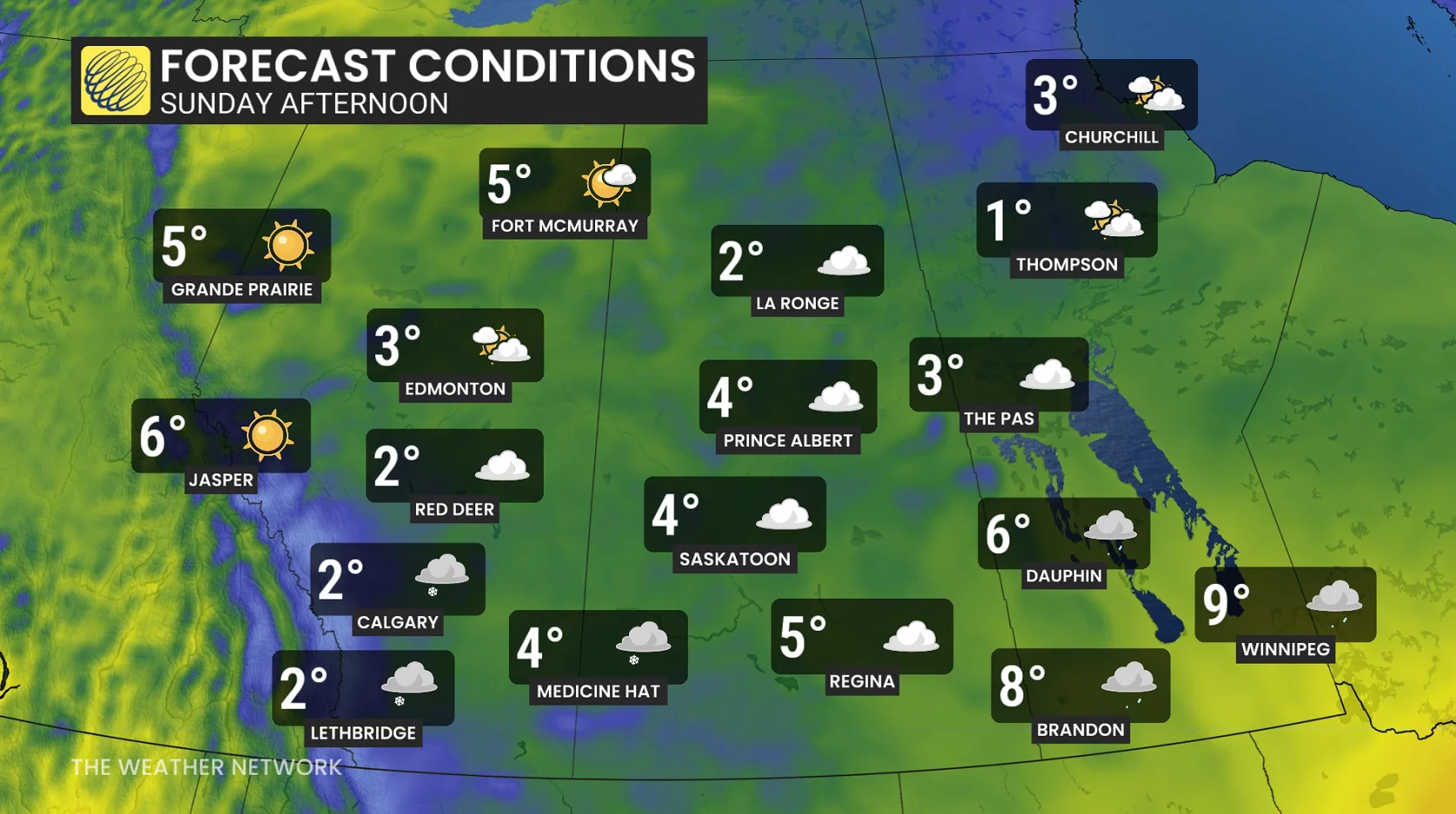Alberta Sunday temperatures and icons