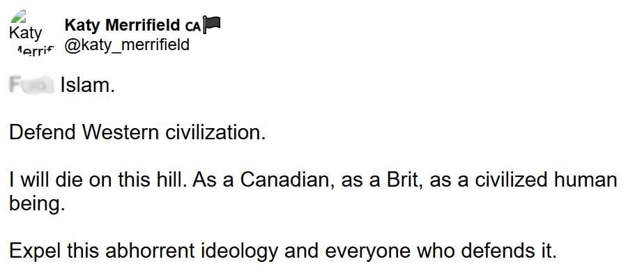 A screen capture of the post on X from Katy Merrifield, blurred by CBC News, accessed using the Internet Archive's Wayback Machine from June 17, 2026. Merrifield later removed the post.