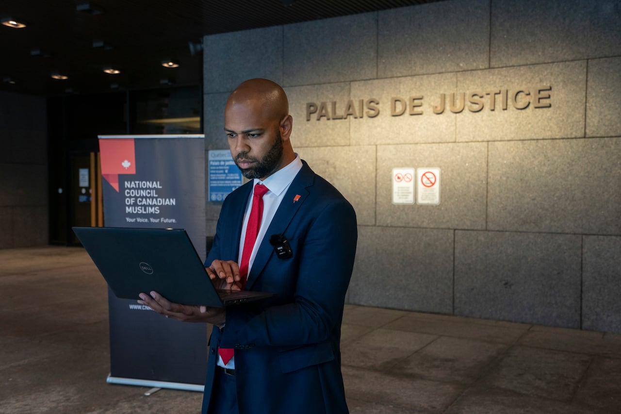Stephen Brown, CEO of the National Council of Canadian Muslims is pictured, at a press conference at Montreal courthouse on 13 Jun 2023 before hearings on the challenge to the ban on halls prayer in schools.