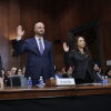 Harmeet Dhillon, far right, is sworn in during her confirmation hearing before the Senate Judiciary Committee in February 2025 in Washington, D.C.