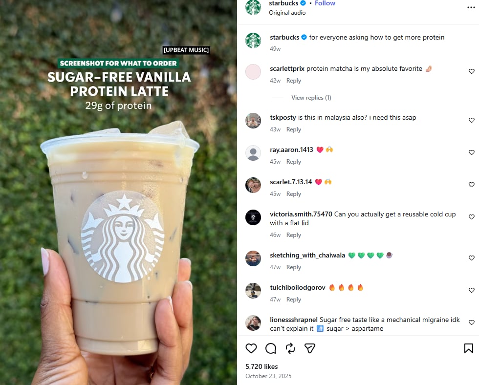 An image that says sugar-free protein vanilla latte, with an image of a hand holding a drink.