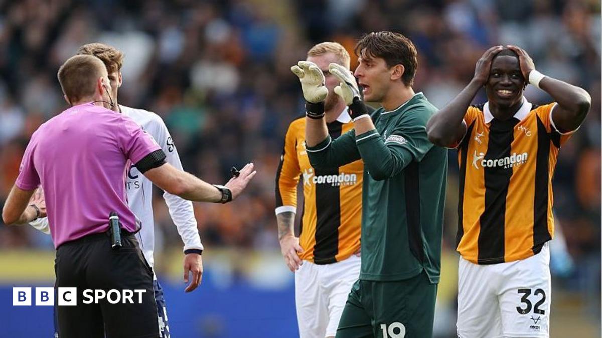 Hull City players surround the referee