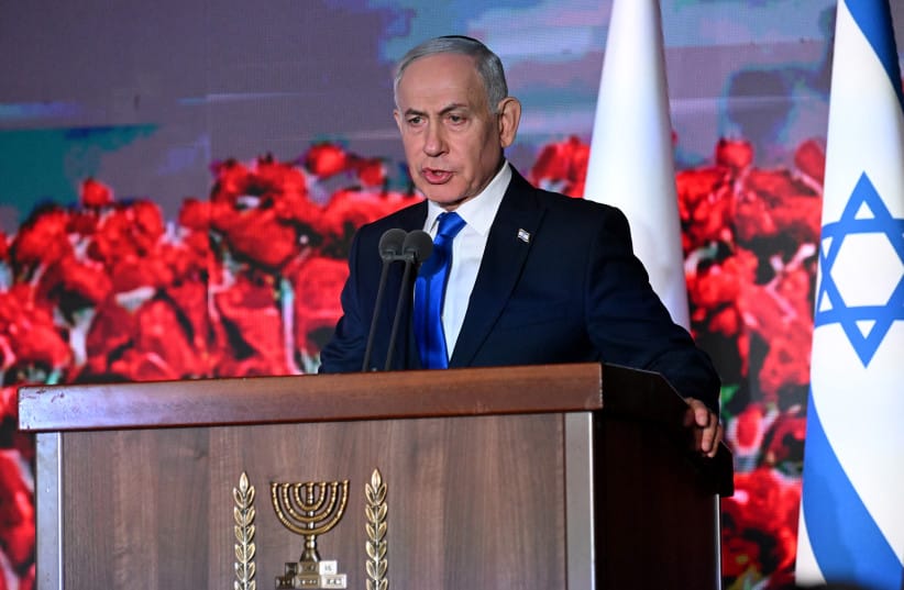 ISRAEL-PALESTINIAN-CONFLICT-GAZA-HAMAS-NETANYAHU Israeli Prime Minister Benjamin Netanyahu speaks during the state memorial ceremony for the third anniversary of October 7 attack, at Mount Herzl military cemetery in Jerusalem on October 5, 2026; illustrative