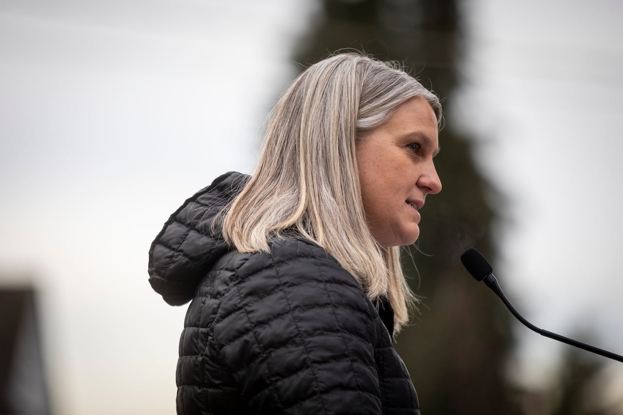 MLA Elenore Sturko is pictured during a news conference regarding decriminalization of drugs in New Westminster, British Columbia