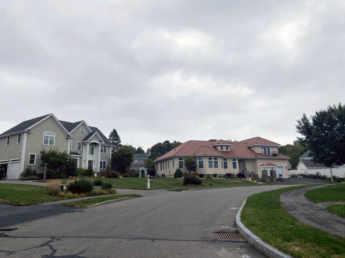 A view from the road shows large, multistory homes with grassy yards.