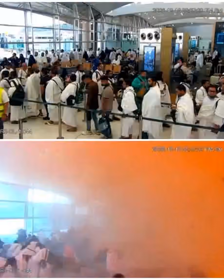 A combination picture shows surveillance footage of people in a queue right before the moment of an attack (top), and people reacting amid smoke at the moment of an attack (bottom), at King Khalid International Airport in Riyadh, Saudi Arabia, October 10, 2026, in these screengrabs from a handout video.