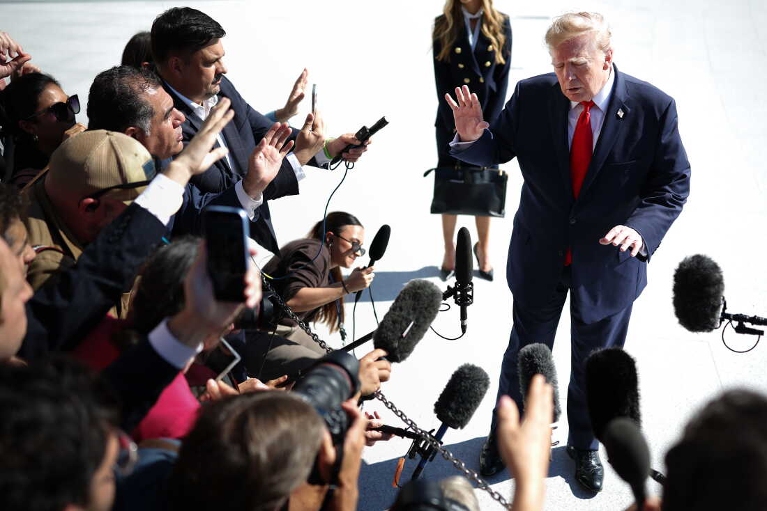 President Donald Trump stops to speak to members of the media as he departs on the South Lawn of the White House on October 13, 2026 in Washington, D.C. elections.