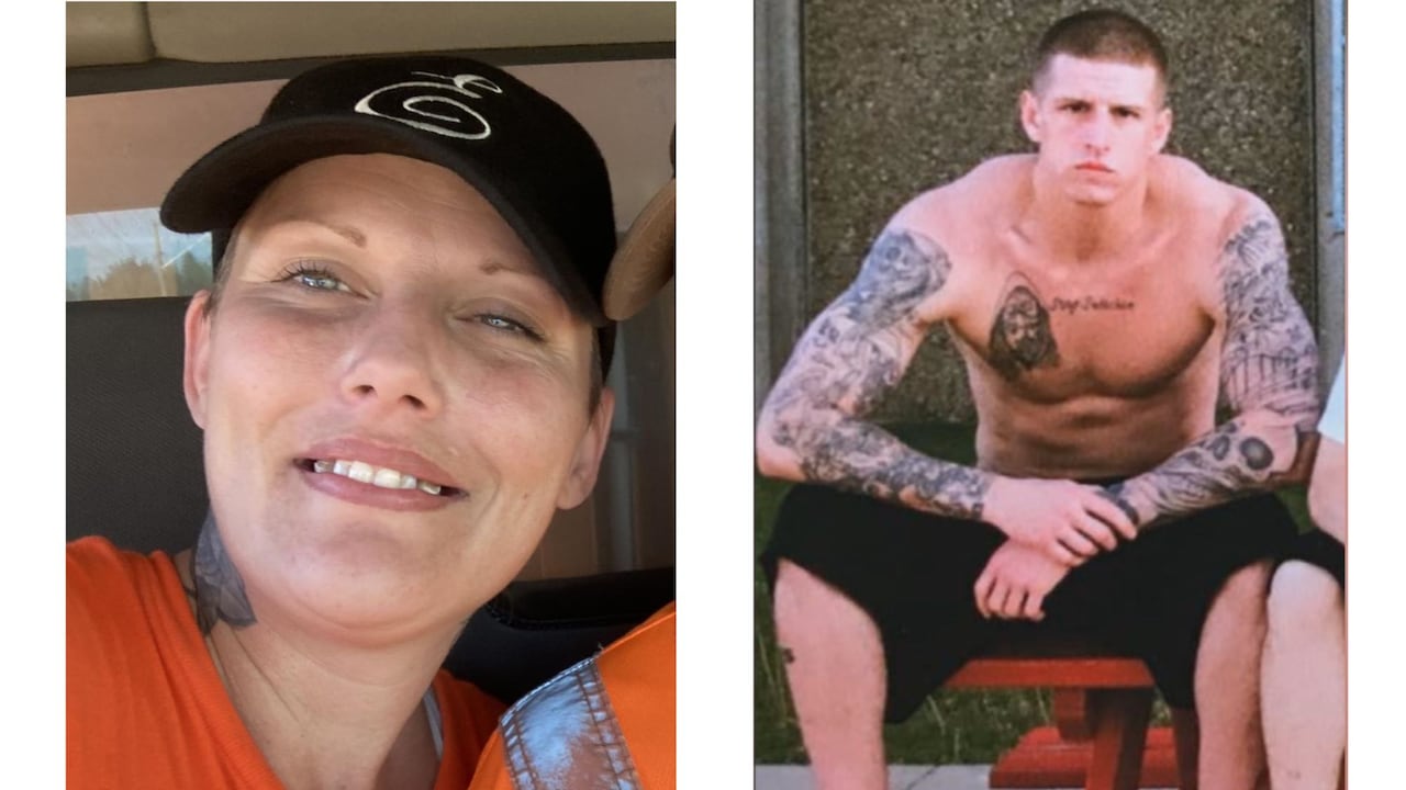 Two photos, on the left a woman wearing a baseball cap in an orange shirt, and on the right a shirtless man with many tattoos.