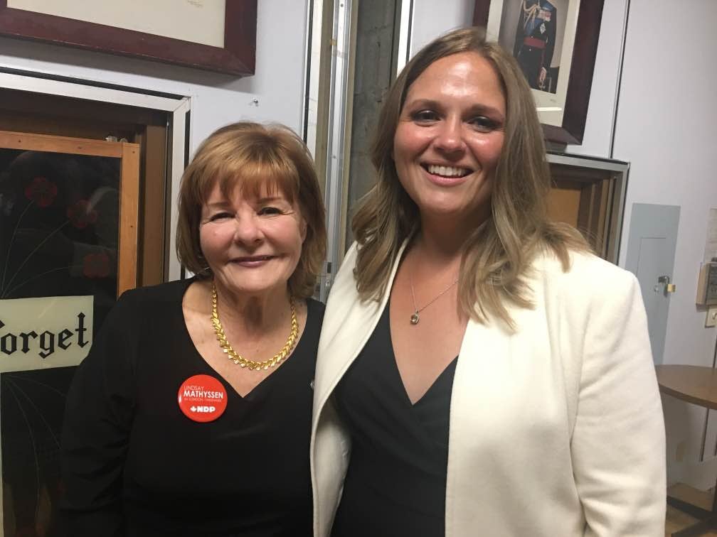 Lindsay Mathyssen, right, with her mother Irene Mathyssen in 2019 when she was elected to represent the NDP in her mother's former riding of London-Fanshawe. Irene Mathyssen died Monday. She was 75.