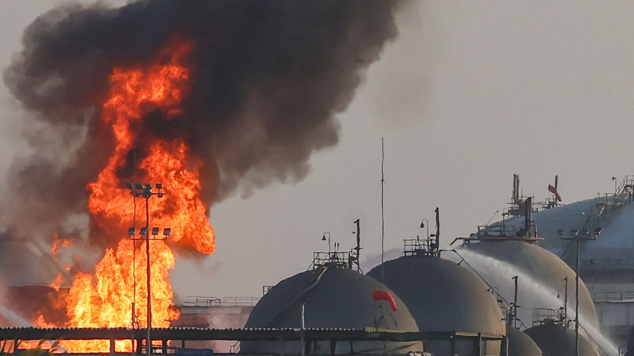 Flames burn at a facility belonging to Saudi oil giant Aramco south of Riyadh on October 3, 2026.