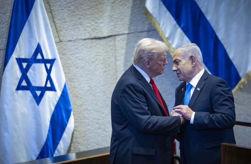 US President Donald Trump with Prime Minister Benjamin Netanyahu during a special plenum session in honor of  Trump at the Knesset on October 13, 2025. 