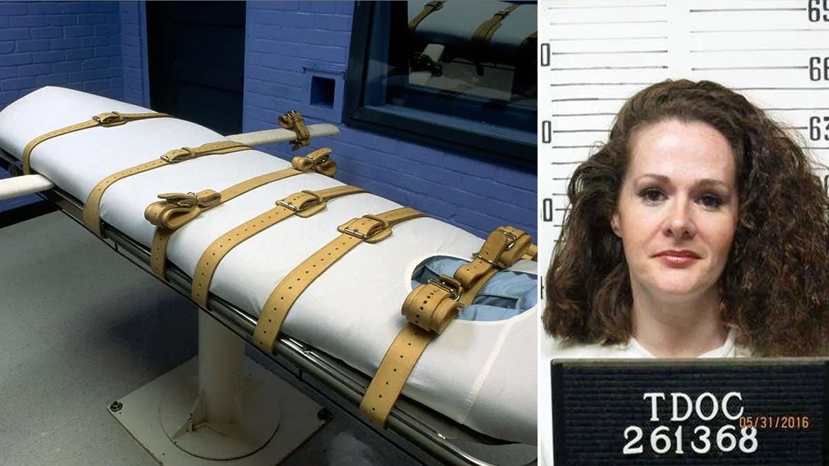A composite image shows a lethal injection gurney and a Tennessee Department of Correction booking photo of Christa Pike, the death row inmate whose attorneys say she remains hospitalized after a failed execution attempt.