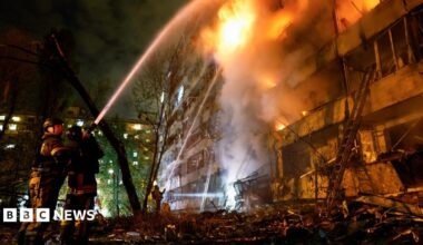 A still from a video of a data centre on fire following a Ukrainian strike, in a BBC Verify branded border.