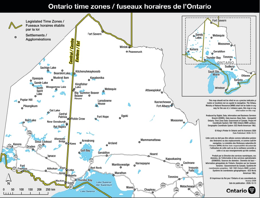A map showing time zones in Ontario.