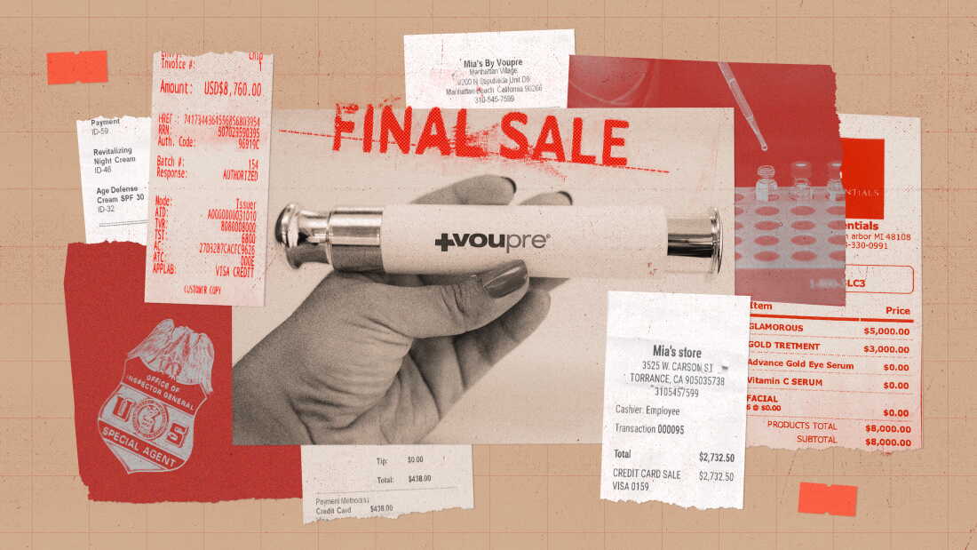 This collage shows receipts for thousands of dollars and a photo of a hand holding a high-end cosmetic product by Voupre with a stamp above it that reads "FINAL SALE" in red capital letters.