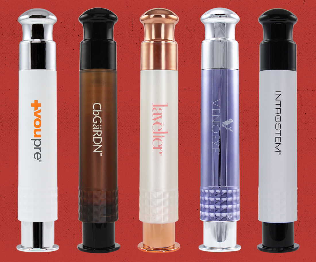 A collage of products from five different companies owned by the Weingarten and Oded family, including Voupre, CbGäRDN, Lavelier, Venofye and Introstem.