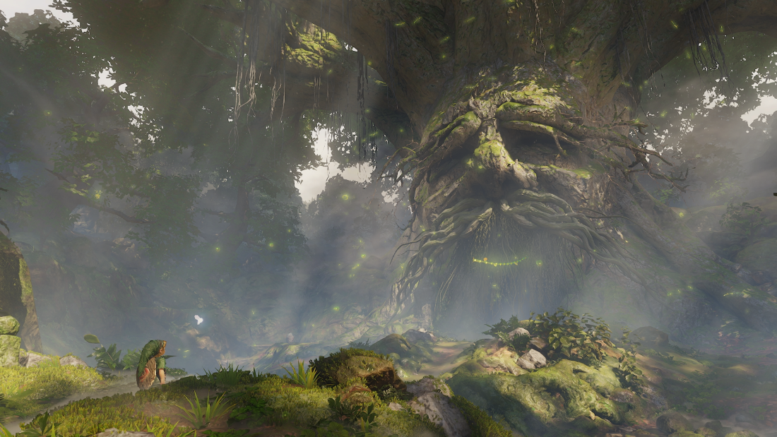 Protagonist Link appears before the Great Deku Tree with fairy companion Navi.