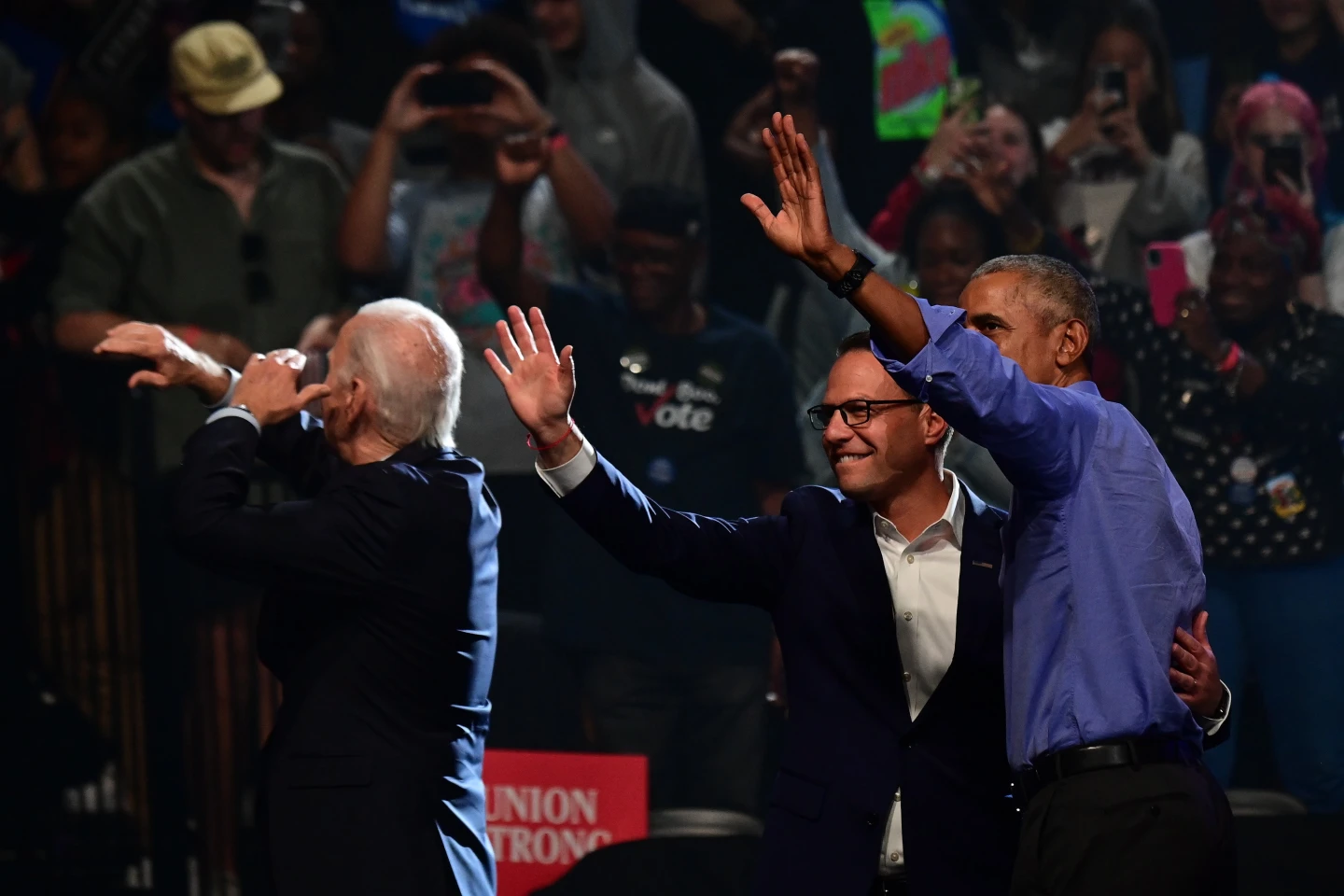 Then-U.S. President Joe Biden, Democratic gubernatorial nominee Josh Shapiro and former U.S. President Barack Obama depart a rally with Pennsylvania Democratic Senate nominee John Fetterman at the Liacouras Center in Philadelphia on Nov. 5, 2022. Photo by Mark Makela/Getty Images.