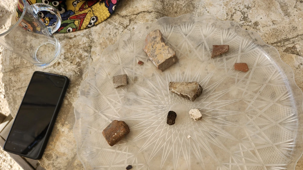 A sample of artifacts recovered during a day of wet sifting at the Temple Mount Sifting Project in Jerusalem, with a cellphone at left for scale. Photo by Dave Gordon.