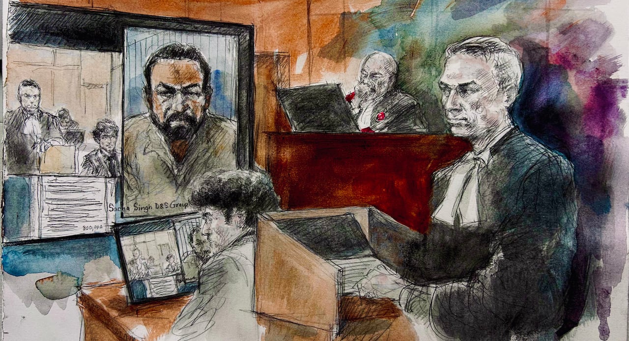 A court sketch of the courtroom as a Crown prosecutor asks a witness, who is testifying remotely, questions.