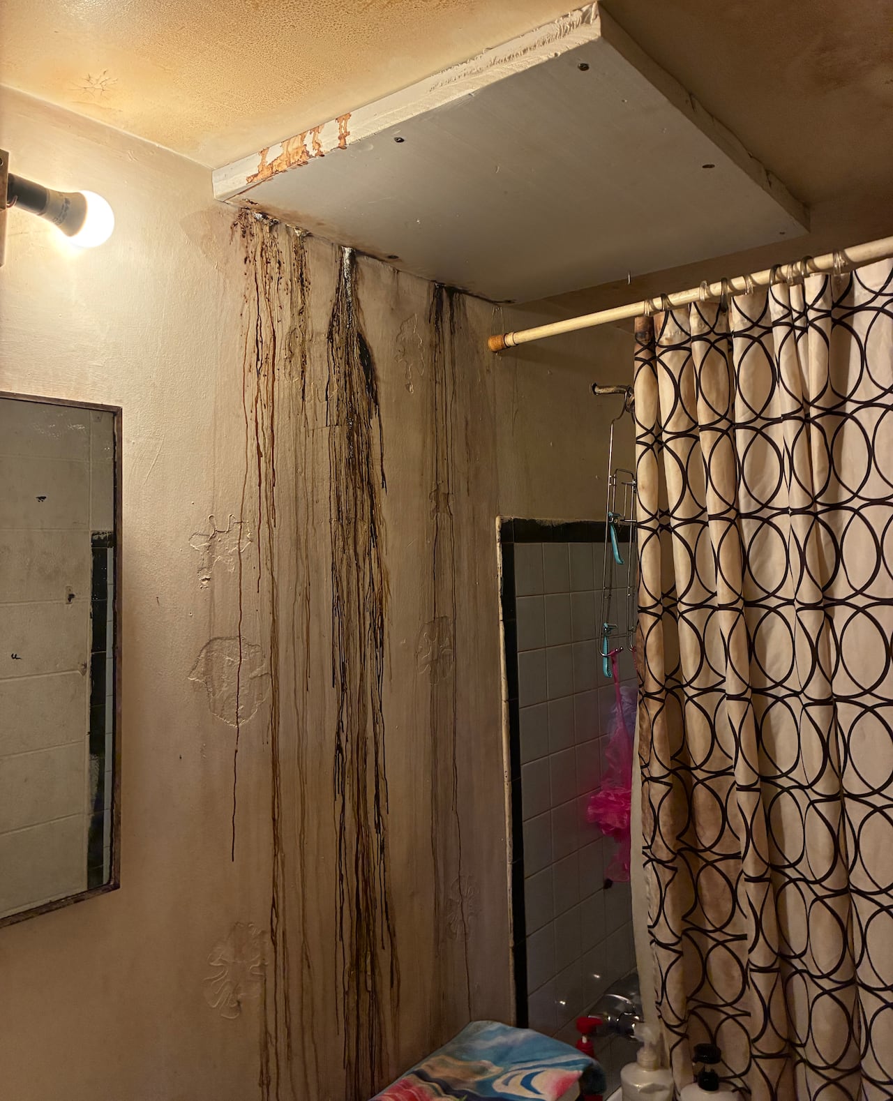 Dark water streaking down wall in bathroom.