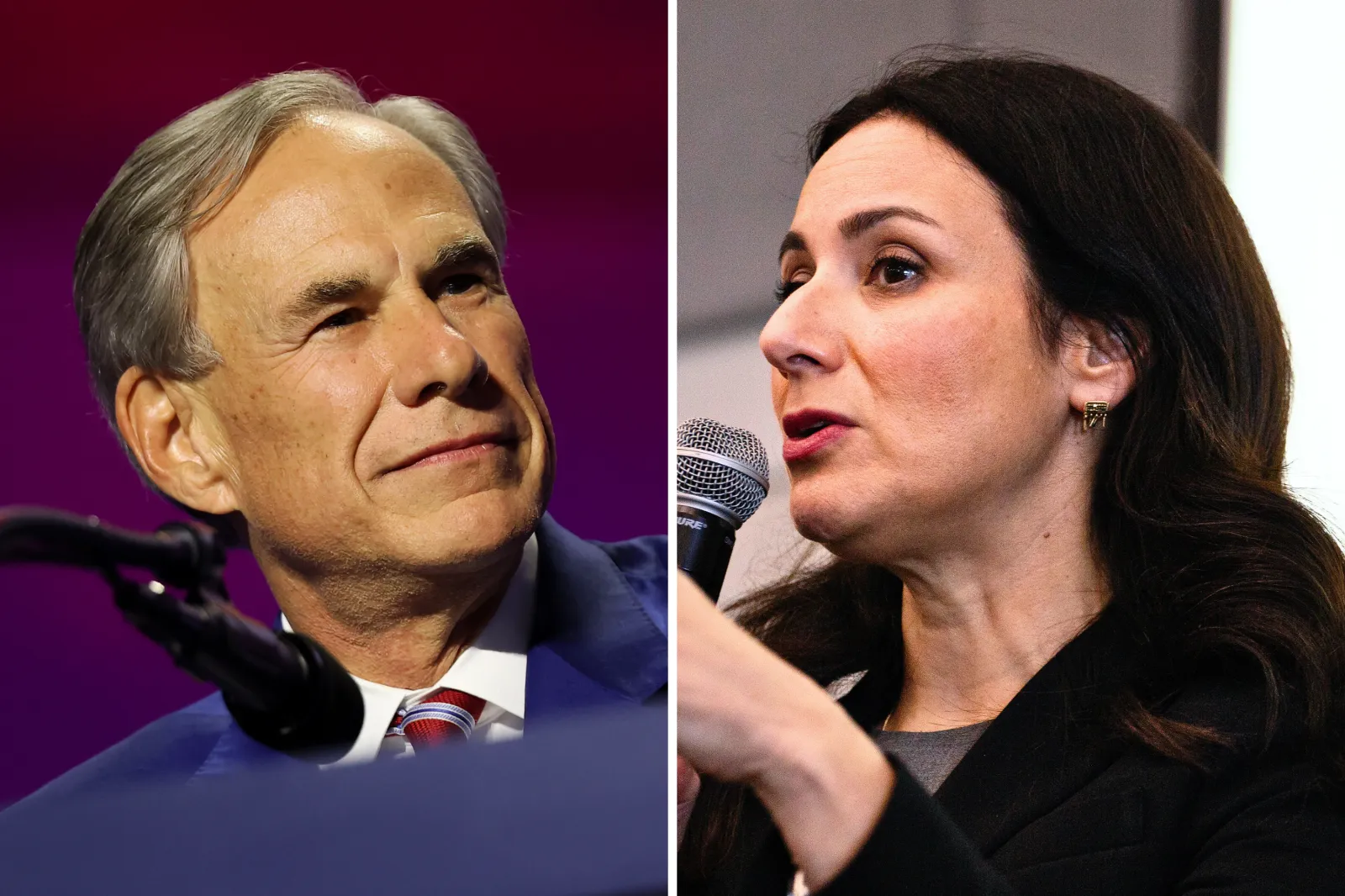 Left: Greg Abbott speaks on stage on the second day of the 2026 Republican National Convention at the American Airlines Center on September 10, 2026 in Dallas, Texas. Right: Gina Hinojosa speaks during an education town hall at a local community center on October 10, 2026, in Cypress, Texas.