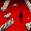 An illustration of a silhouette of President Trump standing among fallen Greco-Roman building pillars against a red background.