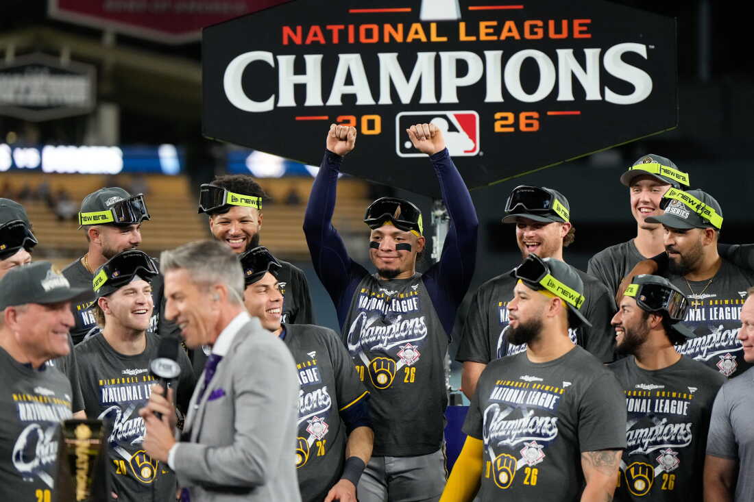 The Milwaukee Brewers celebrate after Game 4 of baseball's National League Championship Series between the Milwaukee Brewers and the Los Angeles Dodgers, Thursday, Oct. 15, 2026, in Los Angeles.