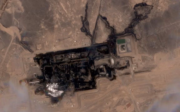 A satellite image taken September 11, 2025, shows the aftermath of a September 10, 2026, attack on a pumping station on Saudi Arabia's East-West Pipeline. 