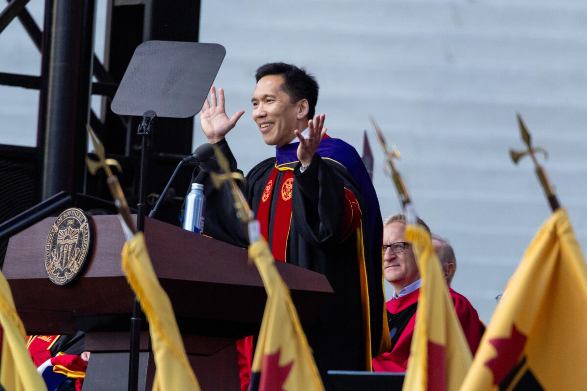 Beong-Soo Kim smiles while speaking at USC's commencement.