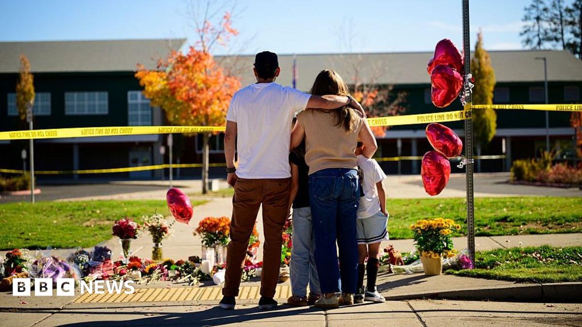 Split screen. Left, police officer is giving press conference. Right, officers are seen outside school.