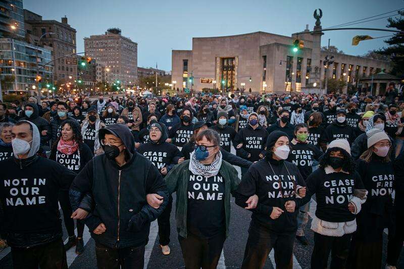 FILE - Protesters block traffic during a pro-Palestinian demonstration demanding a permanent cease-fire in Gaza, near the home of Sen. Chuck Schumer in the Brooklyn borough of New York, Tuesday, April 23, 2024. (AP Photo/Andres Kudacki, File)