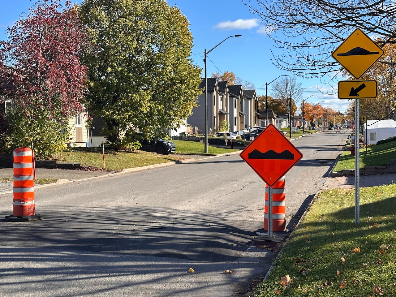 A speed bump and sign on a street