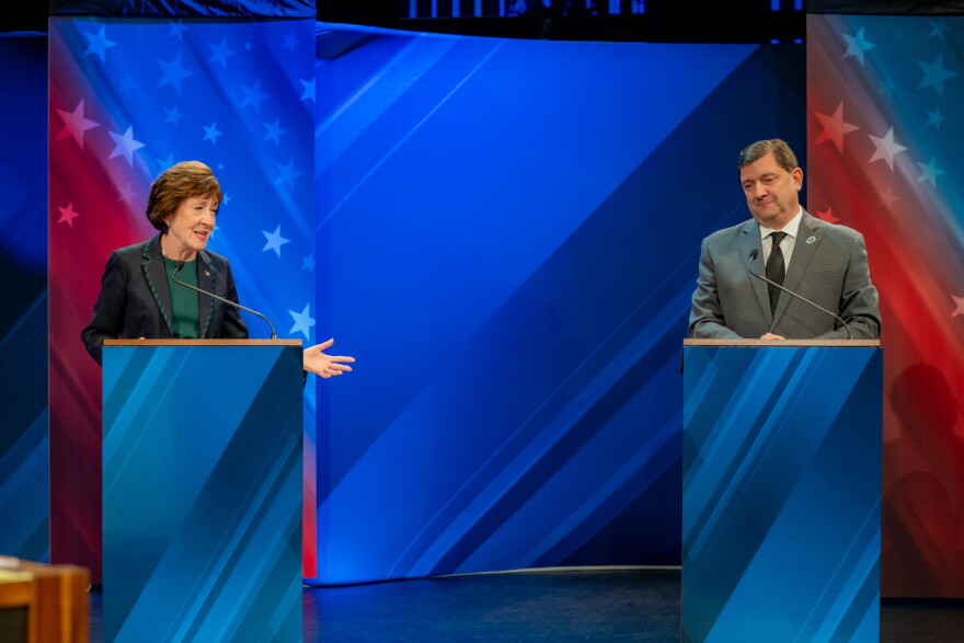 Republican U.S. Sen. Susan Collins and Democratic candidate Troy Jackson at Maine Public's Your Vote 2026 debate at the Gracie Theater in Bangor on Oct. 15, 2026.